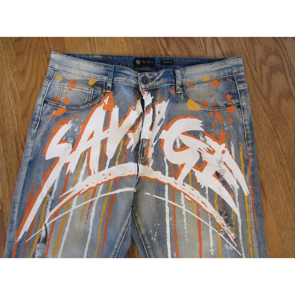 Waimea Savage Graphic Skinny Fit Jeans Light Wash Distressed Splatter Mens 36x32